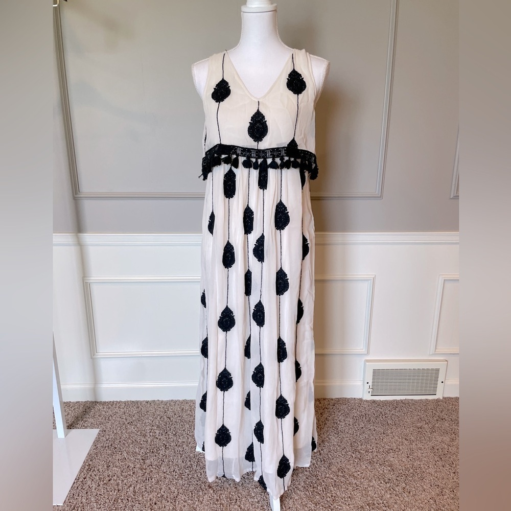 Moulinette Souers sz 4 Anthropologie Vetements Beaded Maxi Dress Ivory Black